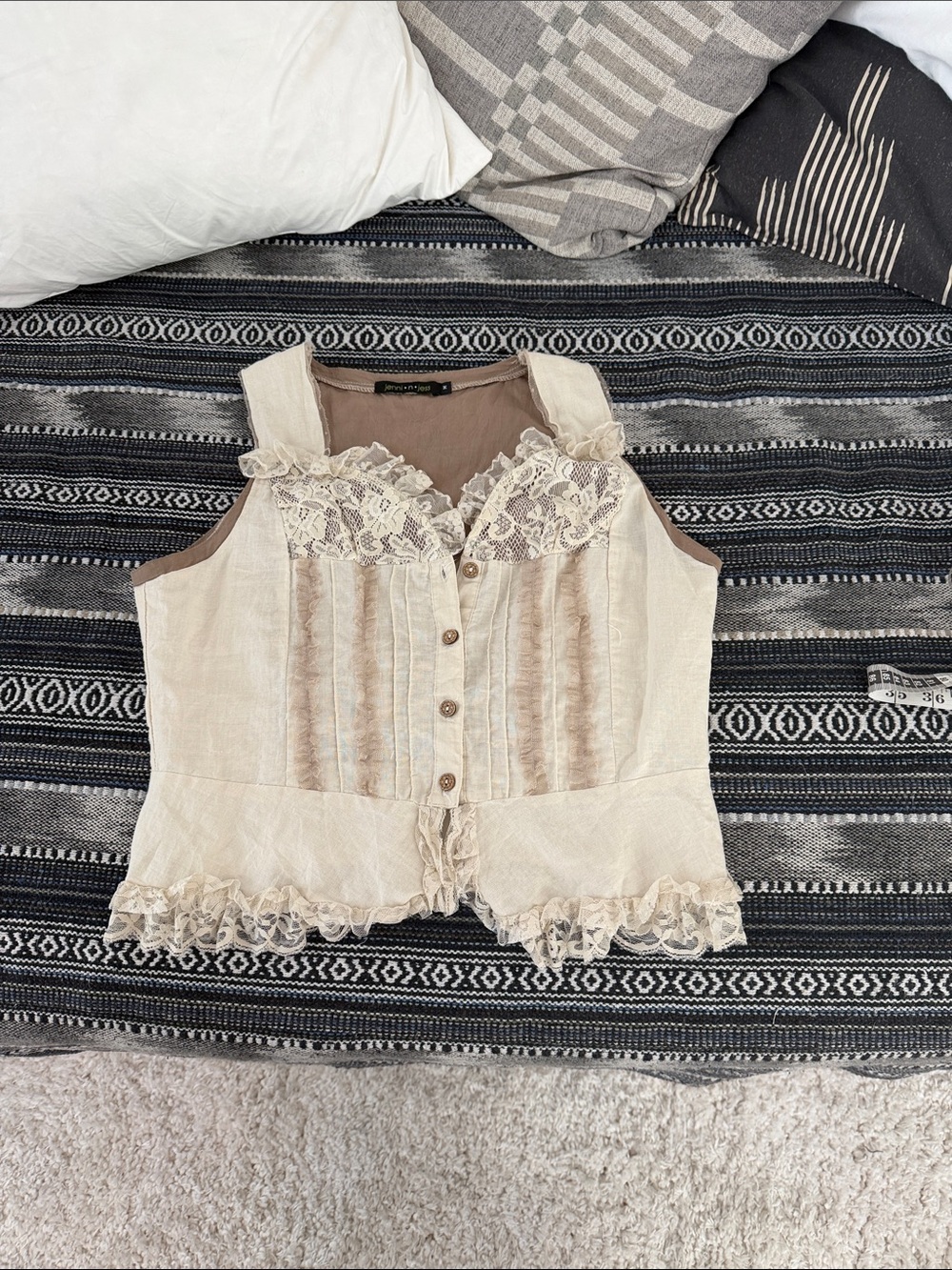 Lace-Trim Cream Sleeveless Button Front Blouse